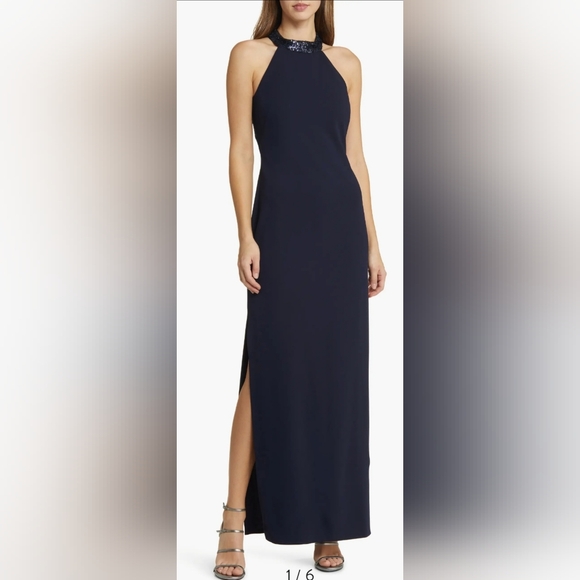 Vince Camuto Sequin Neck Column NWT Size 14 Navy Blue